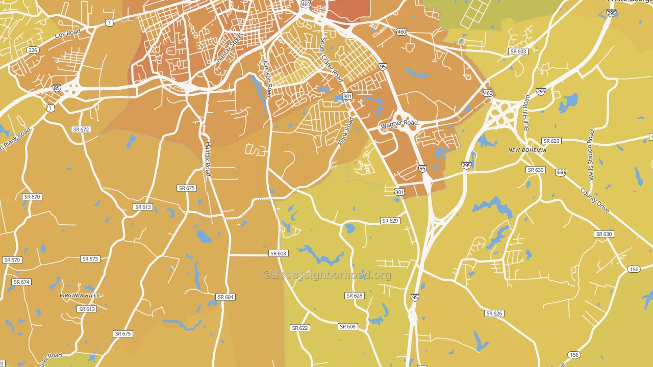 Map of the best neighborhoods in the 23805 area, with better matches in green and worse matches in red