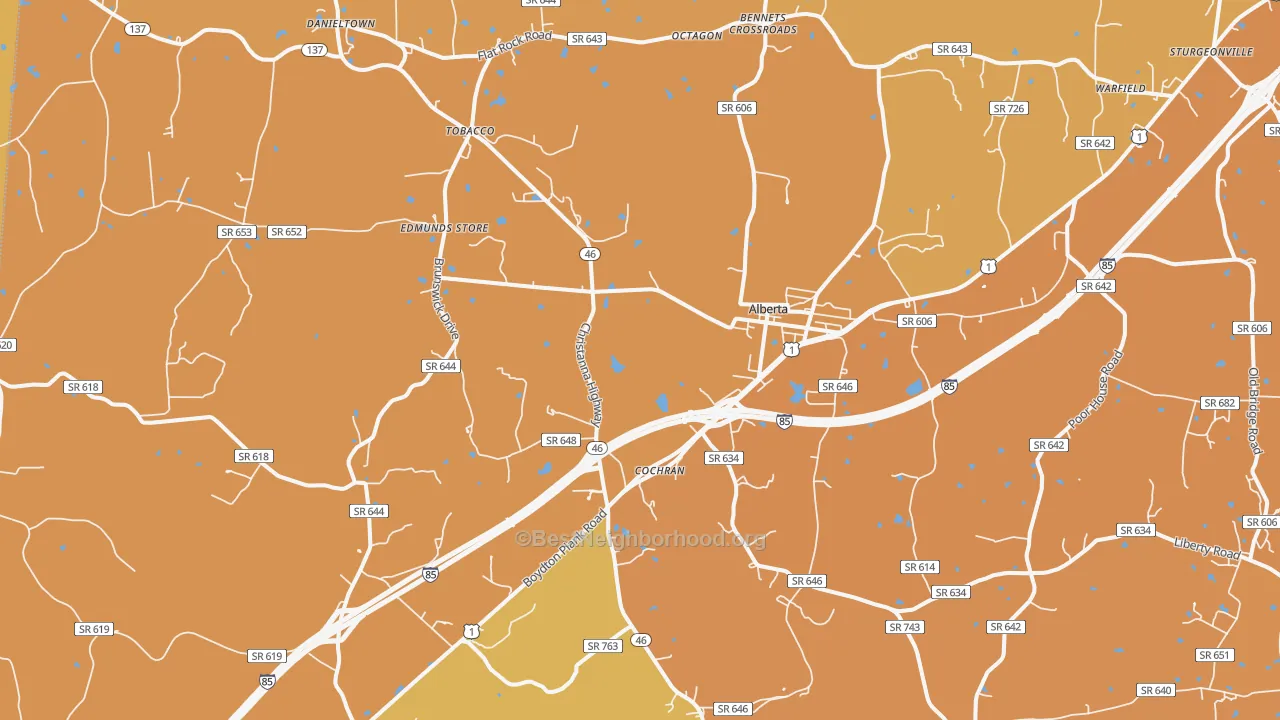 Map of the best neighborhoods in the 23821 area, with better matches in green and worse matches in red