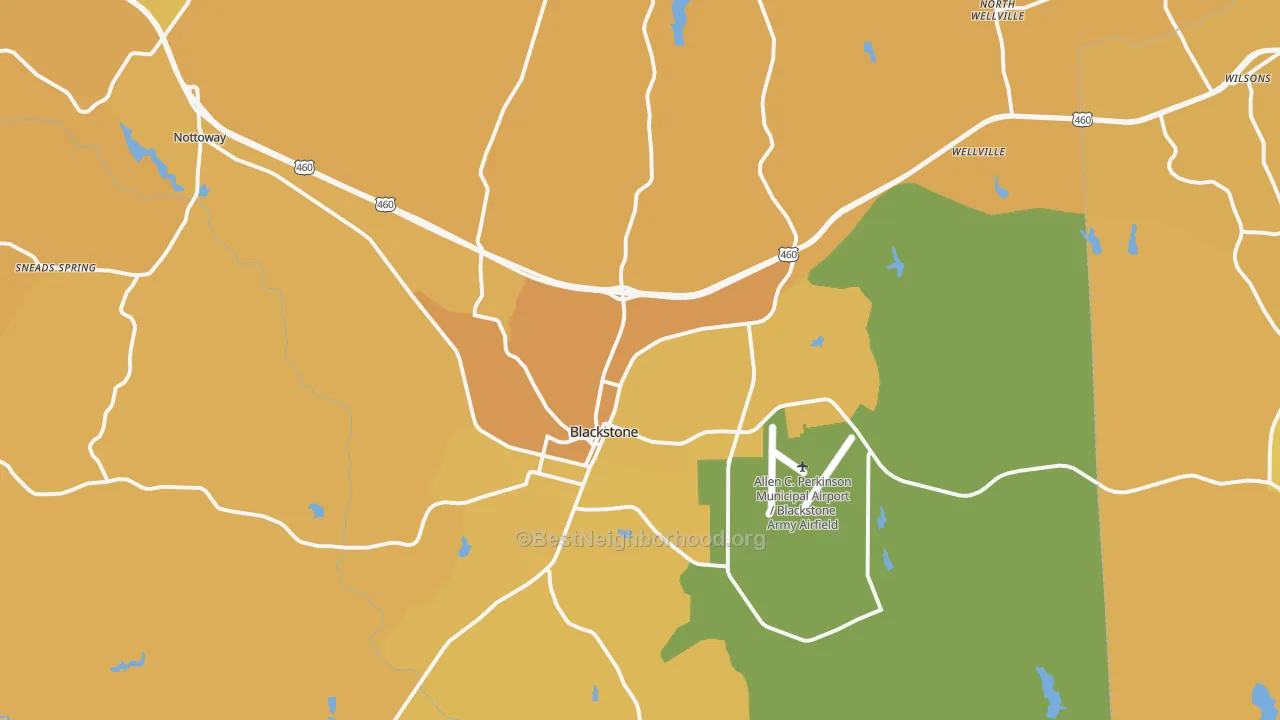 Map of the best neighborhoods in the 23824 area, with better matches in green and worse matches in red