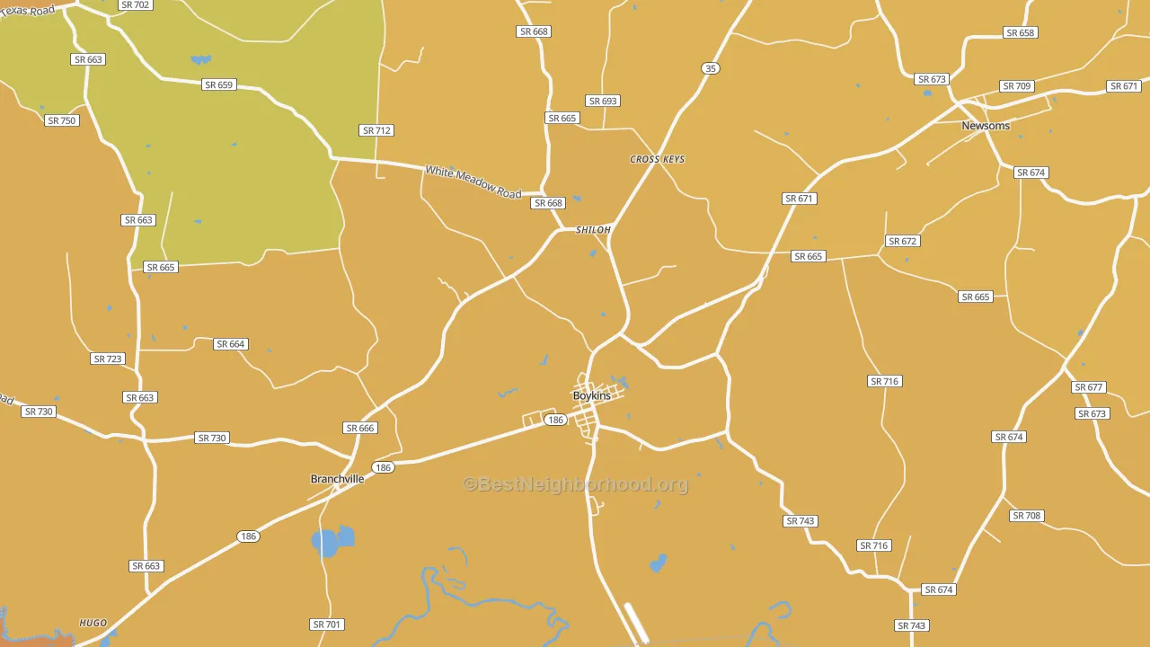 Map of the best neighborhoods in the 23827 area, with better matches in green and worse matches in red