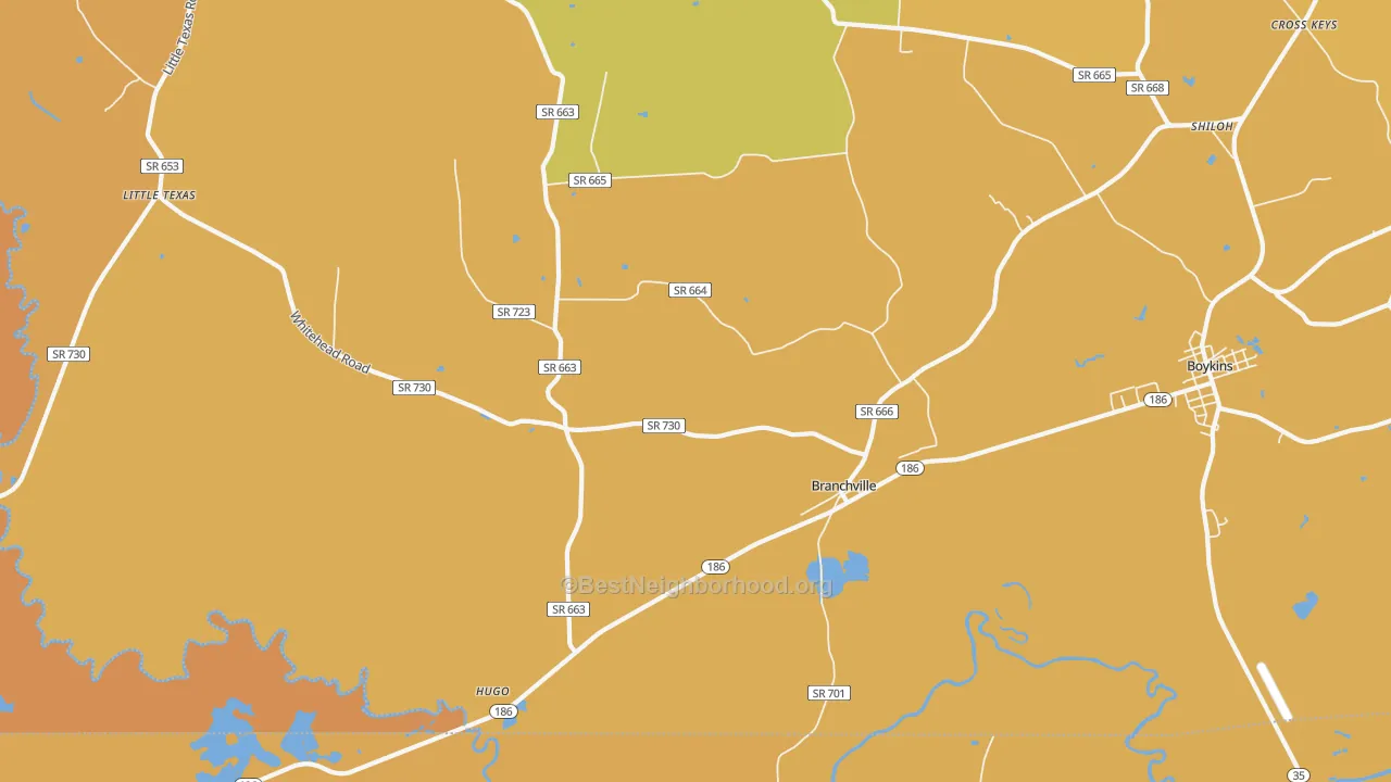 Map of the best neighborhoods in the 23828 area, with better matches in green and worse matches in red