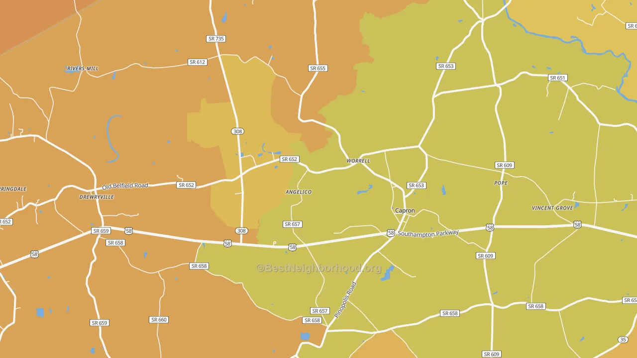 Map of the best neighborhoods in the 23829 area, with better matches in green and worse matches in red