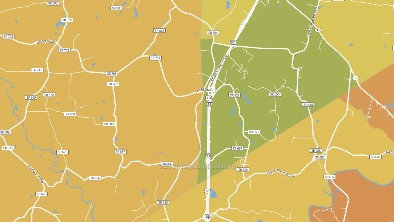 Map of the best neighborhoods in the 23830 area, with better matches in green and worse matches in red
