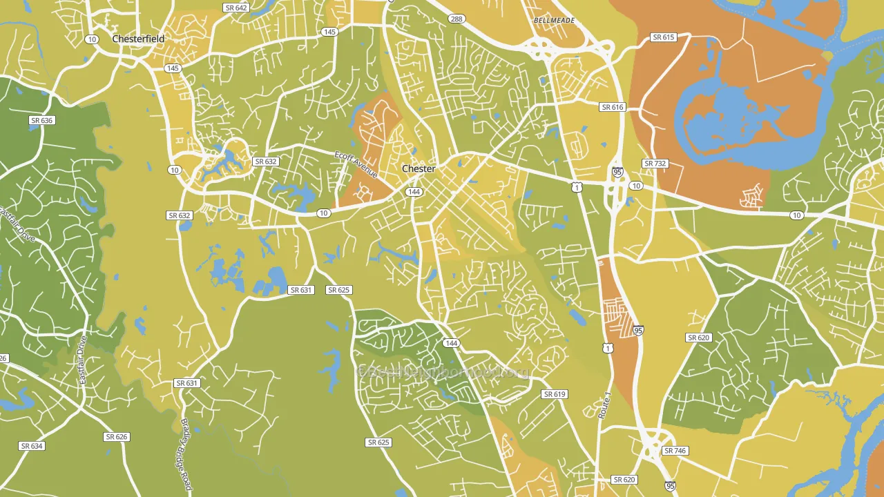 Map of the best neighborhoods in the 23831 area, with better matches in green and worse matches in red