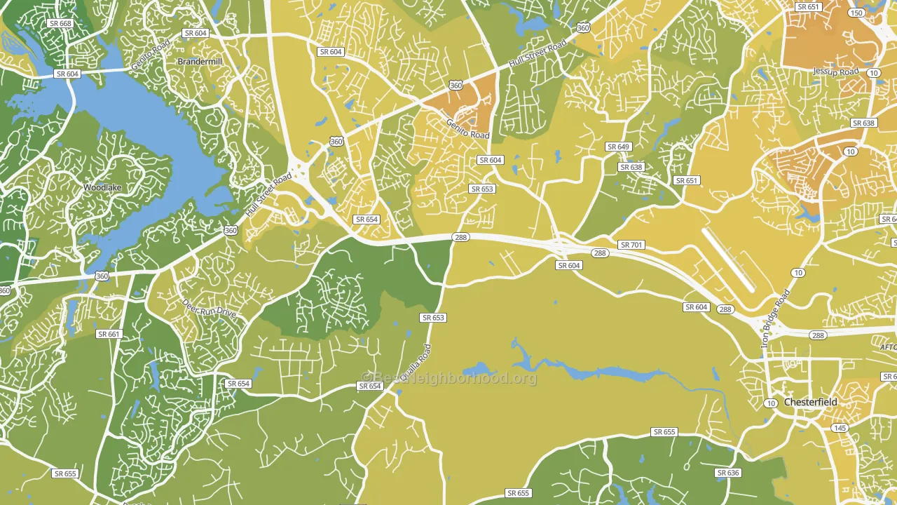 Map of the best neighborhoods in the 23832 area, with better matches in green and worse matches in red