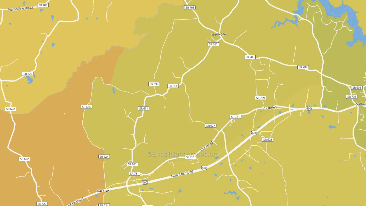 Map of the best neighborhoods in the 23833 area, with better matches in green and worse matches in red