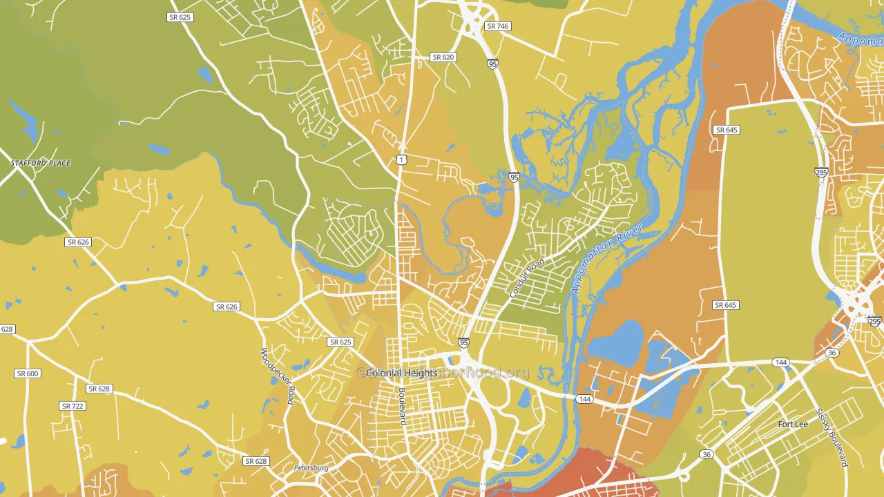 Map of the best neighborhoods in the 23834 area, with better matches in green and worse matches in red