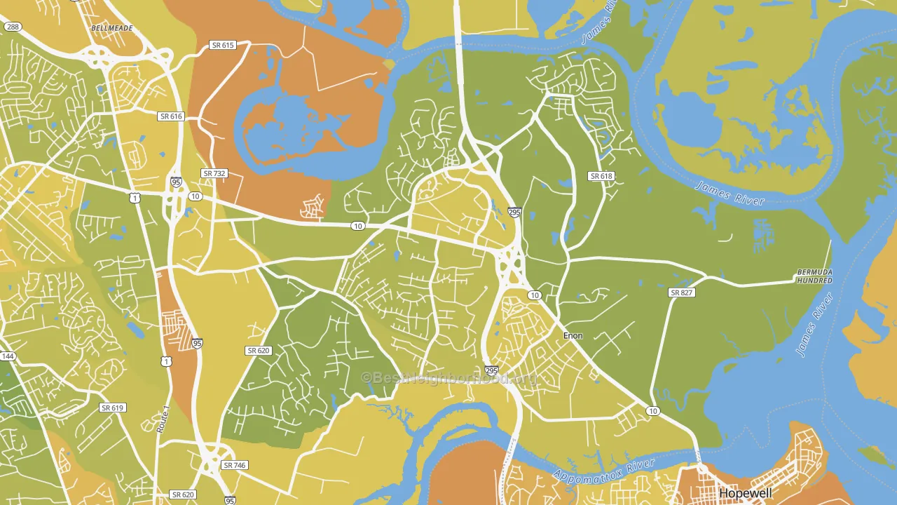 Map of the best neighborhoods in the 23836 area, with better matches in green and worse matches in red