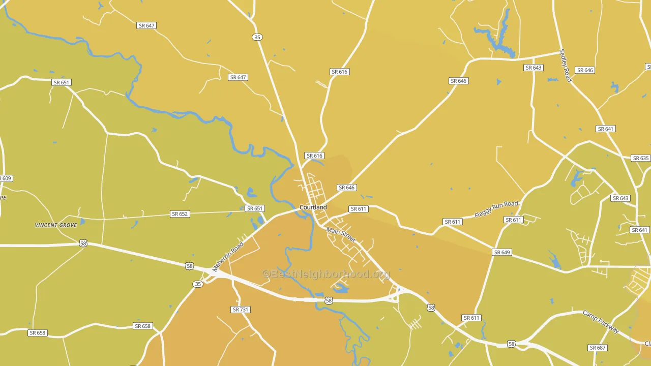 Map of the best neighborhoods in the 23837 area, with better matches in green and worse matches in red