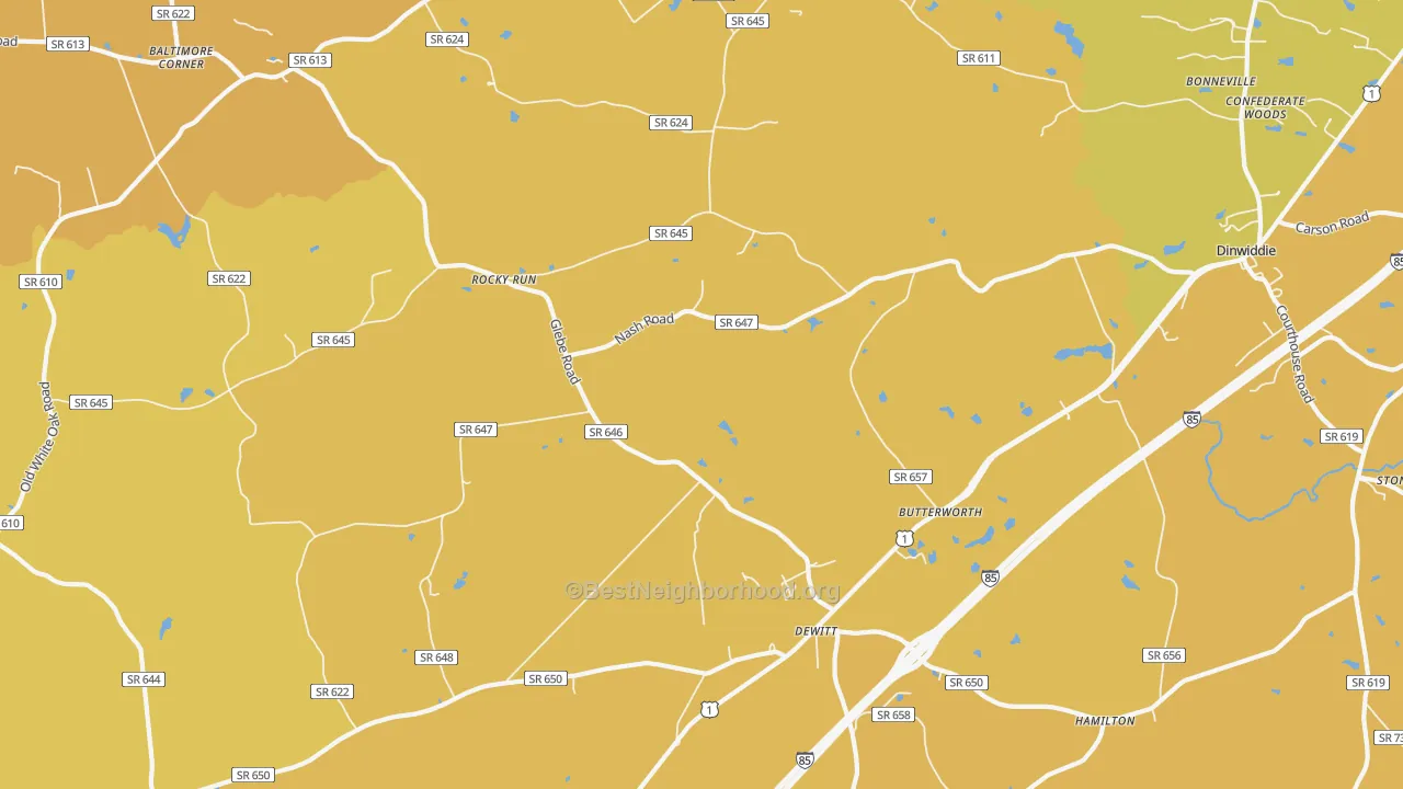 Map of the best neighborhoods in the 23840 area, with better matches in green and worse matches in red