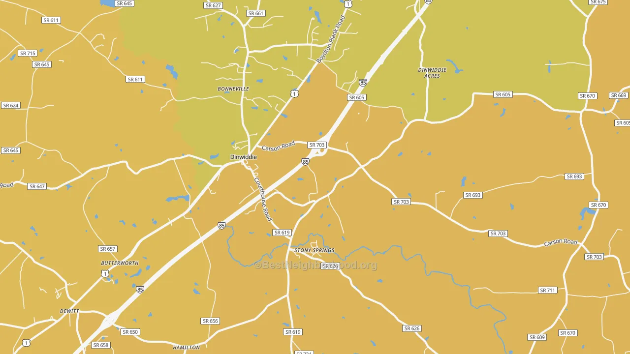 Map of the best neighborhoods in the 23841 area, with better matches in green and worse matches in red