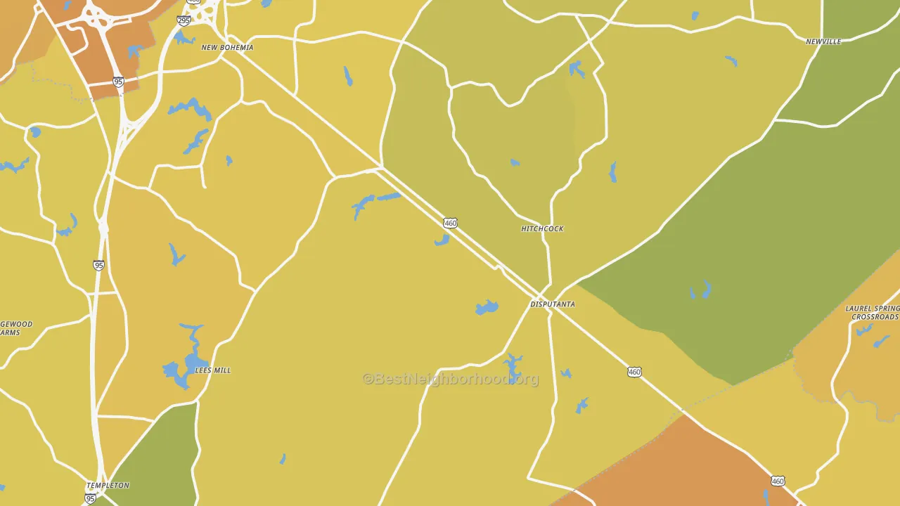 Map of the best neighborhoods in the 23842 area, with better matches in green and worse matches in red