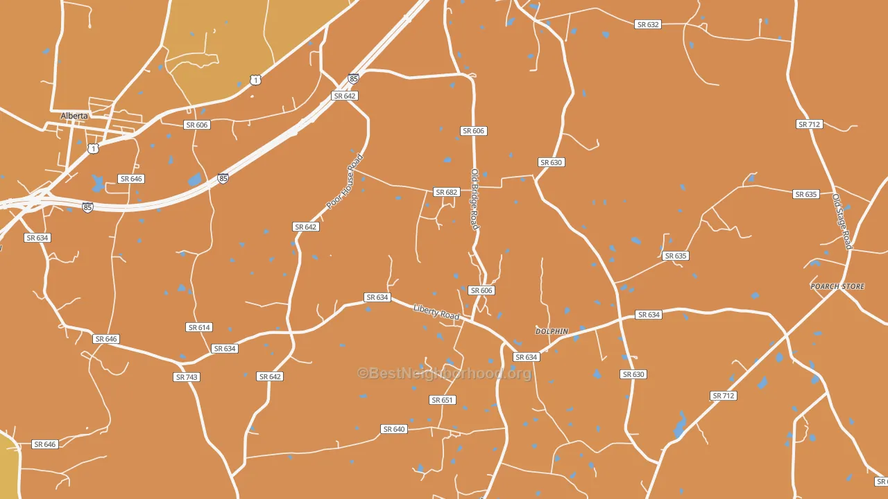 Map of the best neighborhoods in the 23843 area, with better matches in green and worse matches in red