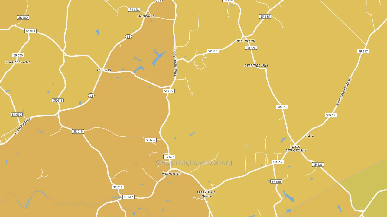 Map of the best neighborhoods in the 23846 area, with better matches in green and worse matches in red