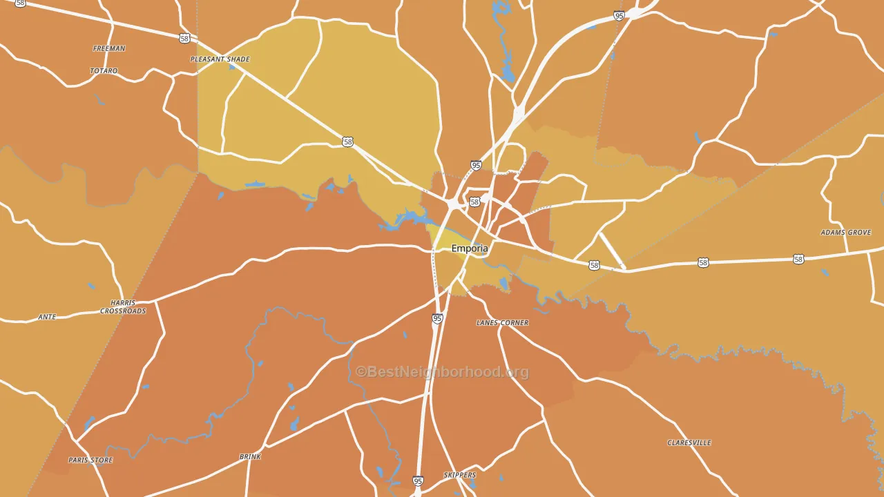 Map of the best neighborhoods in the 23847 area, with better matches in green and worse matches in red