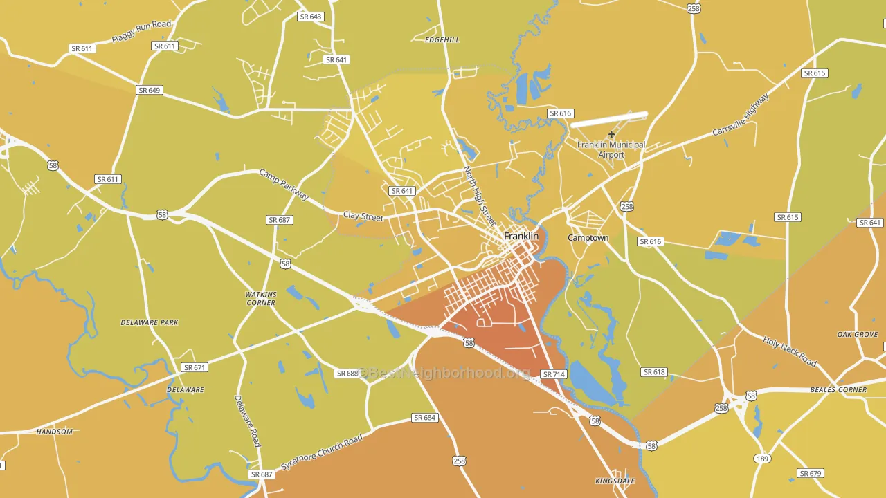 Map of the best neighborhoods in the 23851 area, with better matches in green and worse matches in red