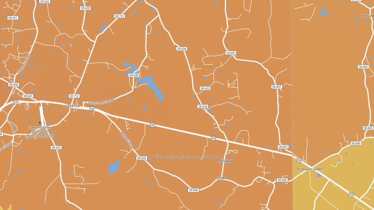 Map of the best neighborhoods in the 23856 area, with better matches in green and worse matches in red