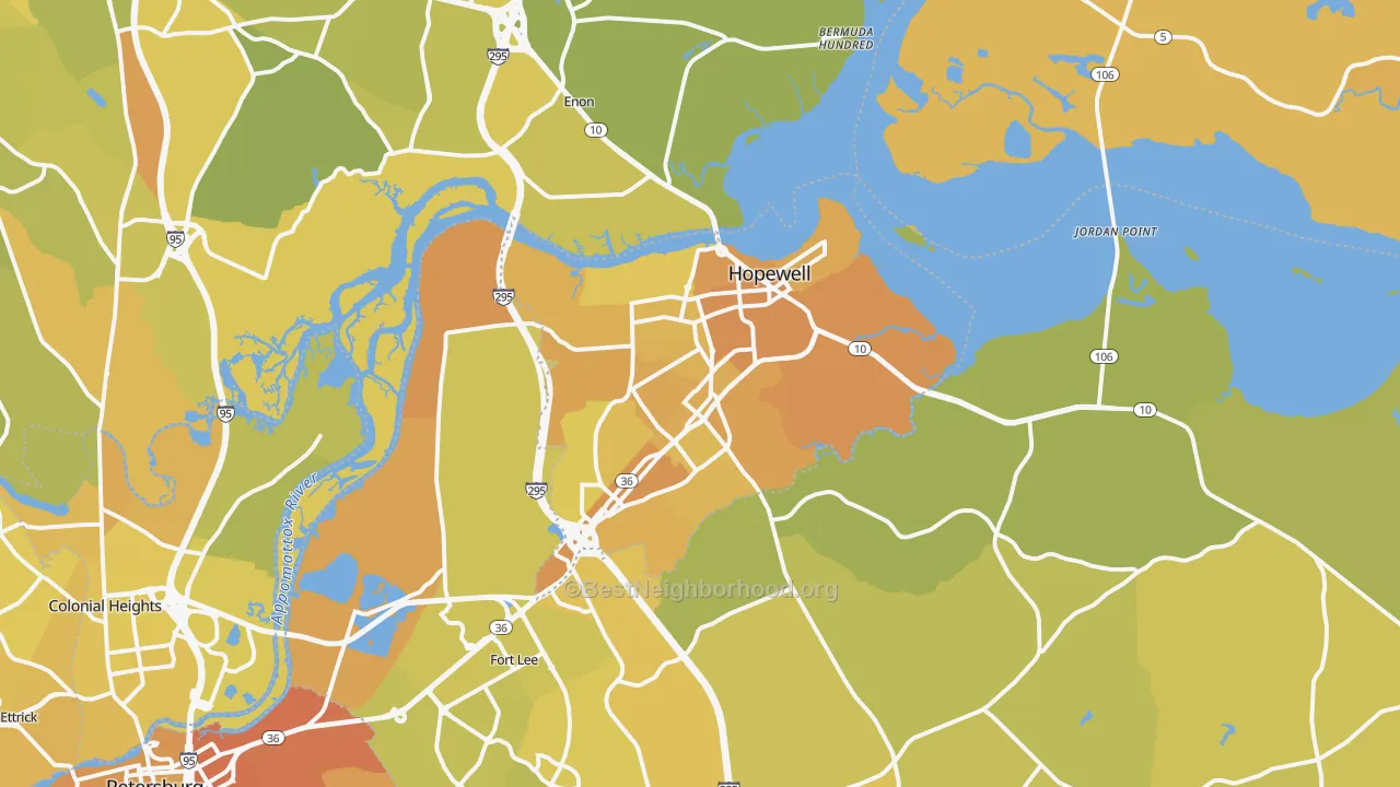 Map of the best neighborhoods in the 23860 area, with better matches in green and worse matches in red
