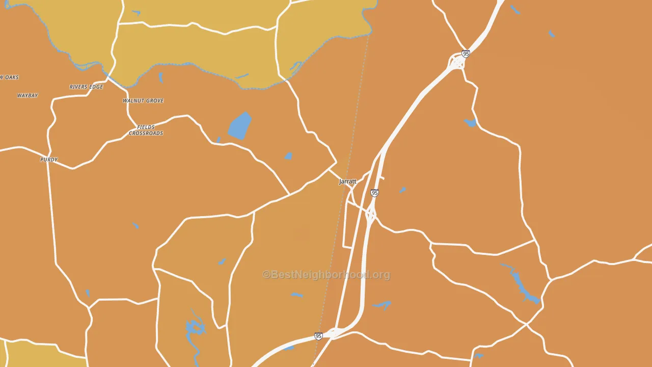 Map of the best neighborhoods in the 23867 area, with better matches in green and worse matches in red