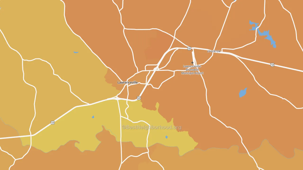 Map of the best neighborhoods in the 23868 area, with better matches in green and worse matches in red