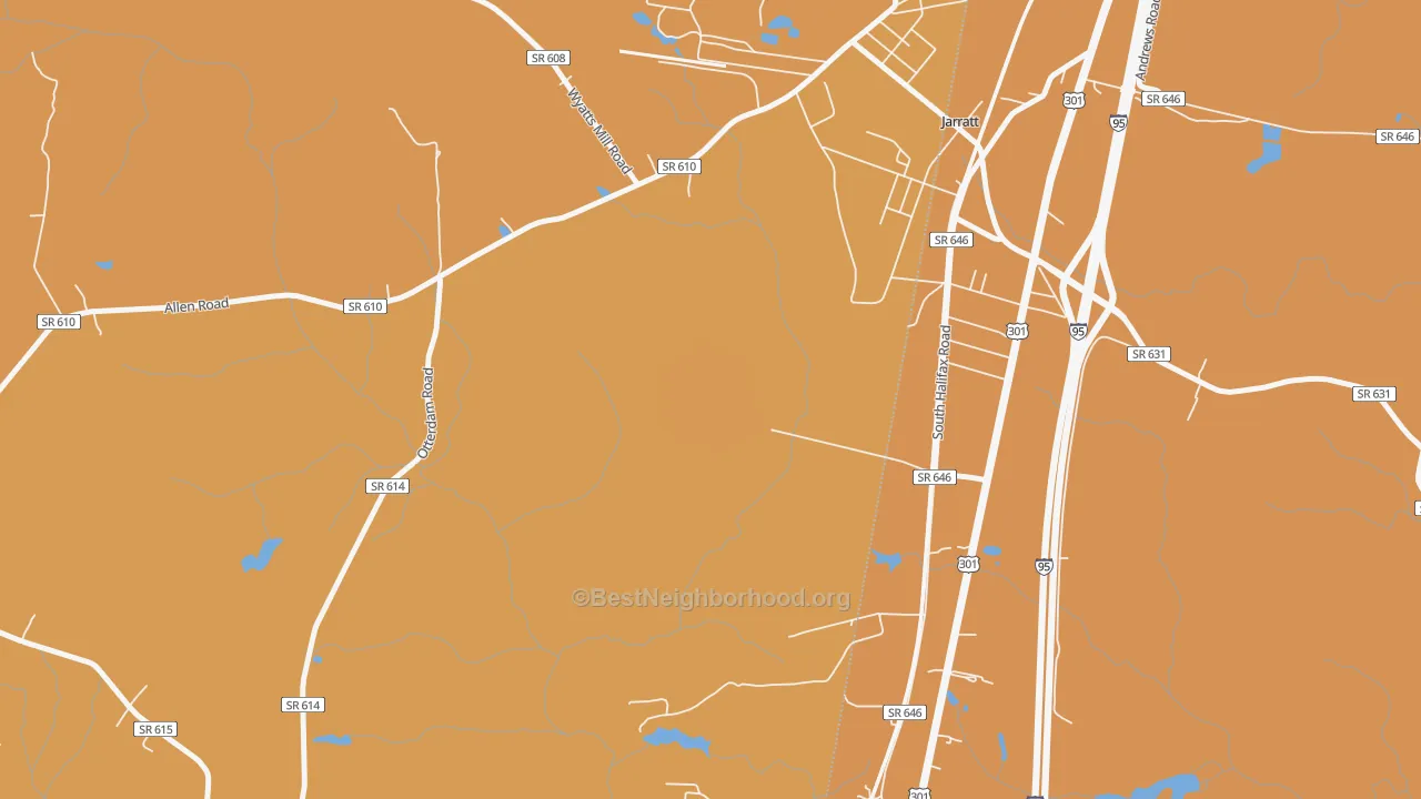 Map of the best neighborhoods in the 23870 area, with better matches in green and worse matches in red
