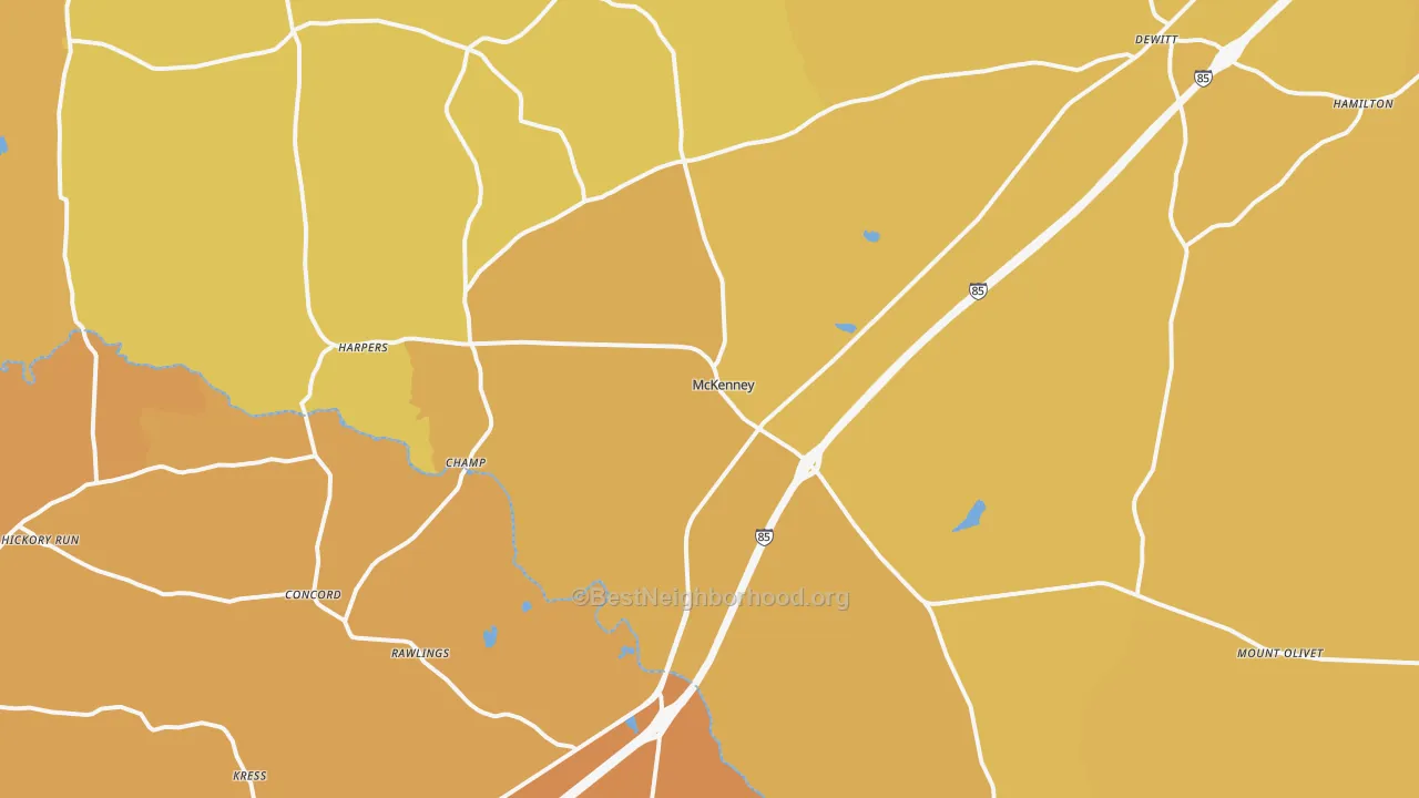 Map of the best neighborhoods in the 23872 area, with better matches in green and worse matches in red
