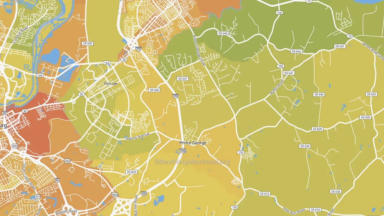 Map of the best neighborhoods in the 23875 area, with better matches in green and worse matches in red