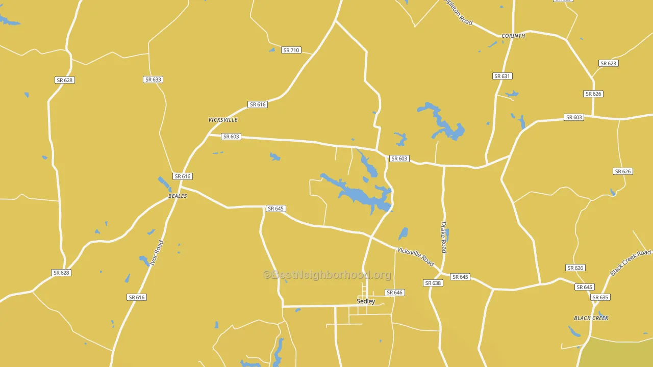 Map of the best neighborhoods in the 23878 area, with better matches in green and worse matches in red