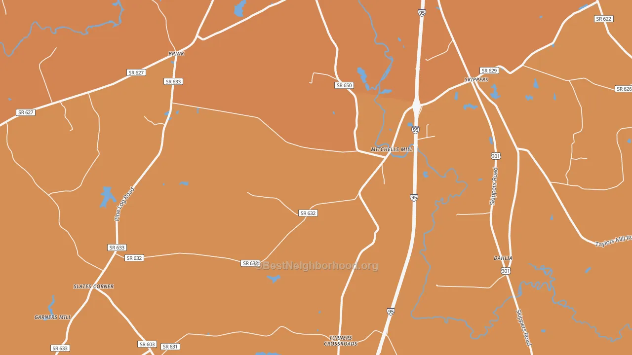 Map of the best neighborhoods in the 23879 area, with better matches in green and worse matches in red