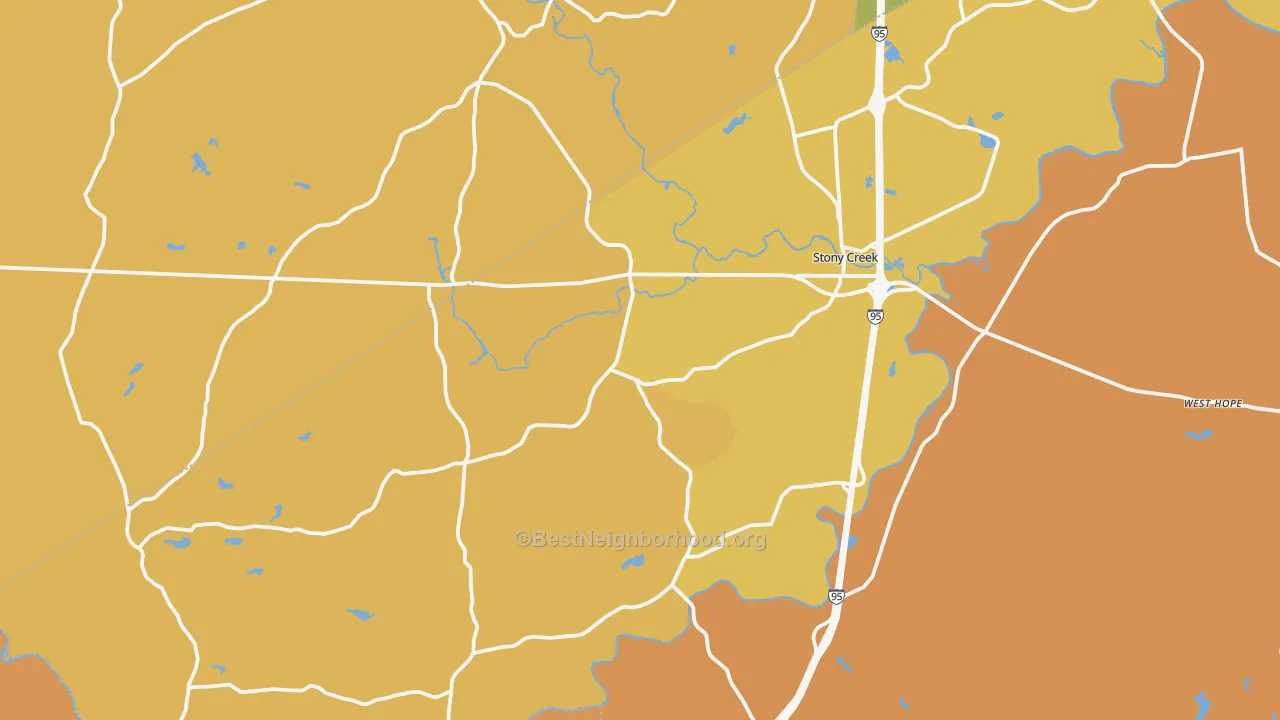 Map of the best neighborhoods in the 23882 area, with better matches in green and worse matches in red
