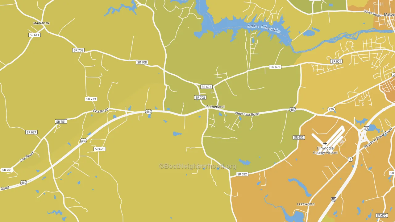 Map of the best neighborhoods in the 23885 area, with better matches in green and worse matches in red