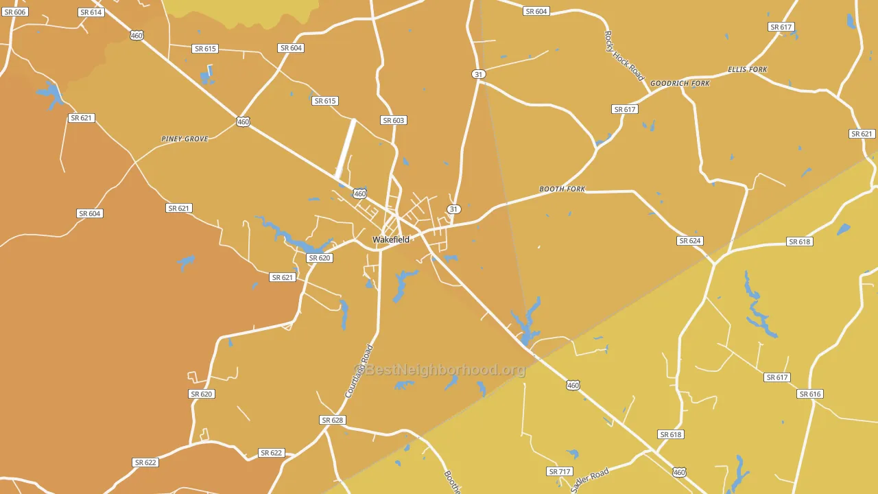 Map of the best neighborhoods in the 23888 area, with better matches in green and worse matches in red