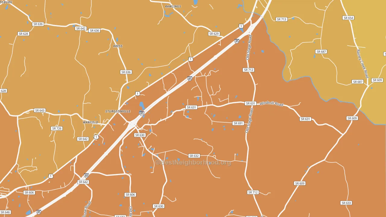 Map of the best neighborhoods in the 23889 area, with better matches in green and worse matches in red
