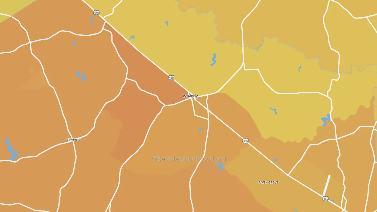 Map of the best neighborhoods in the 23890 area, with better matches in green and worse matches in red