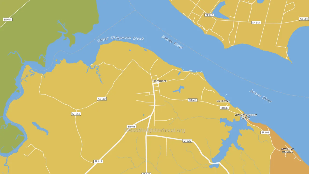 Map of the best neighborhoods in the 23899 area, with better matches in green and worse matches in red