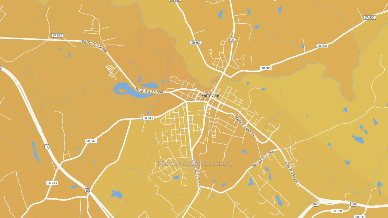 Map of the best neighborhoods in the 23909 area, with better matches in green and worse matches in red