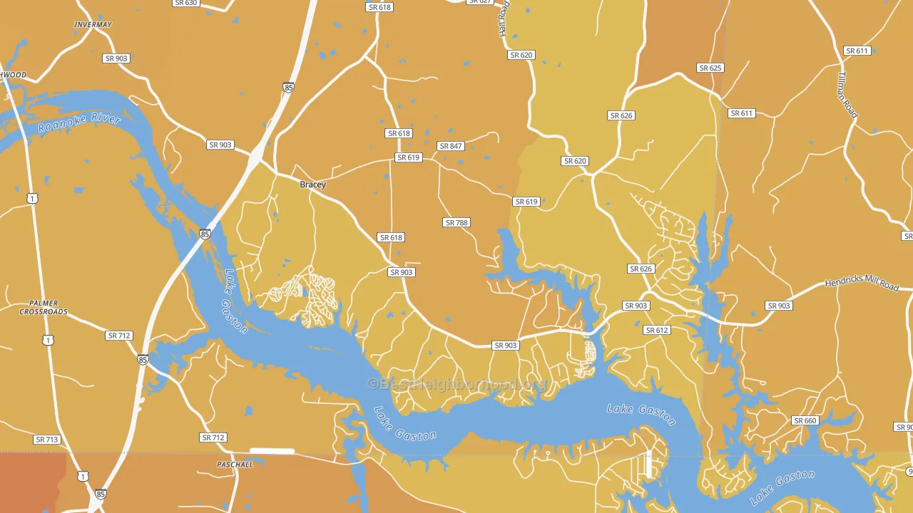Map of the best neighborhoods in the 23919 area, with better matches in green and worse matches in red