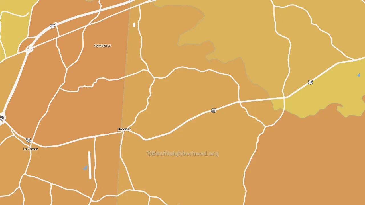 Map of the best neighborhoods in the 23920 area, with better matches in green and worse matches in red