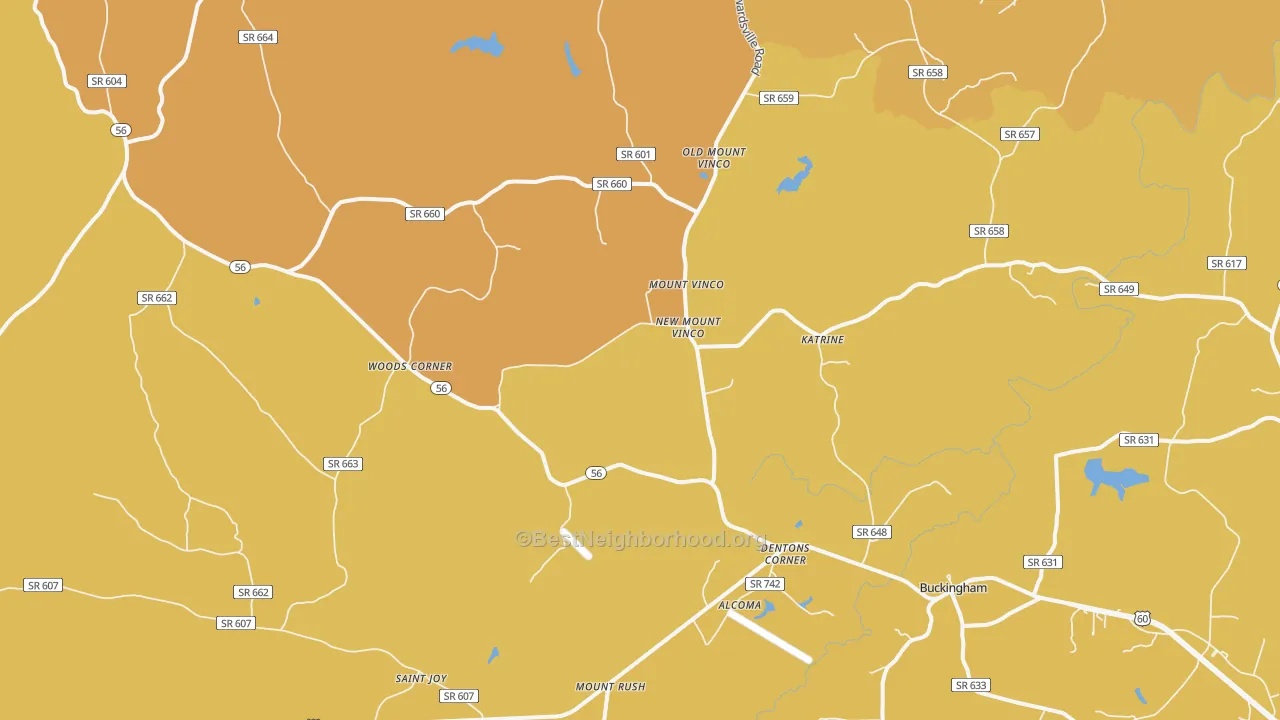 Map of the best neighborhoods in the 23921 area, with better matches in green and worse matches in red