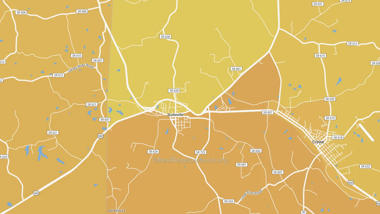 Map of the best neighborhoods in the 23922 area, with better matches in green and worse matches in red