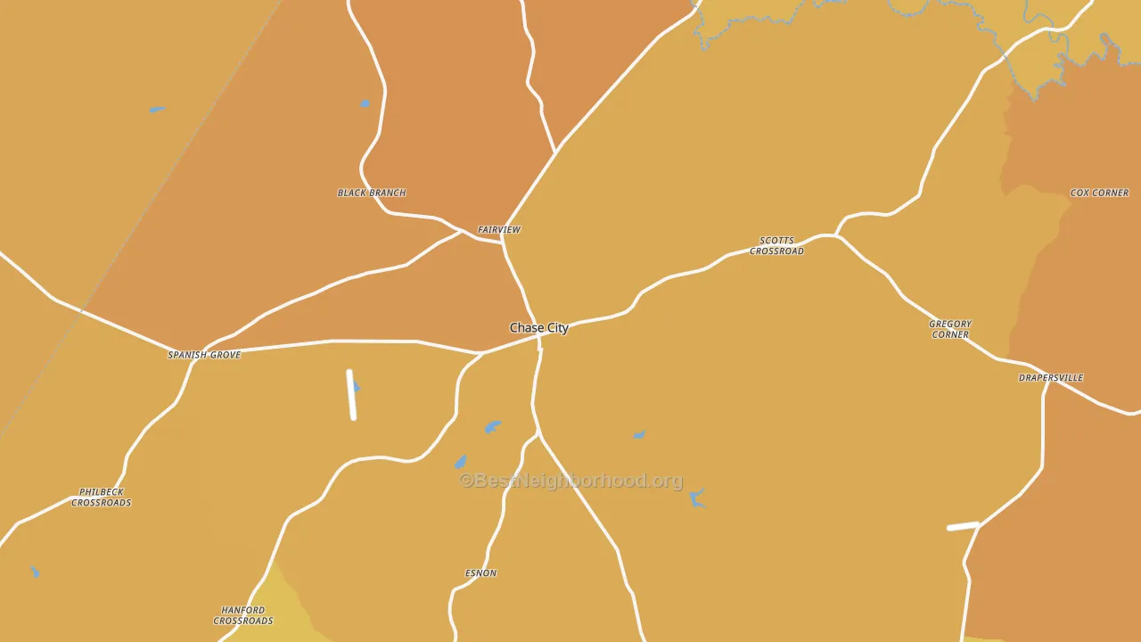 Map of the best neighborhoods in the 23924 area, with better matches in green and worse matches in red