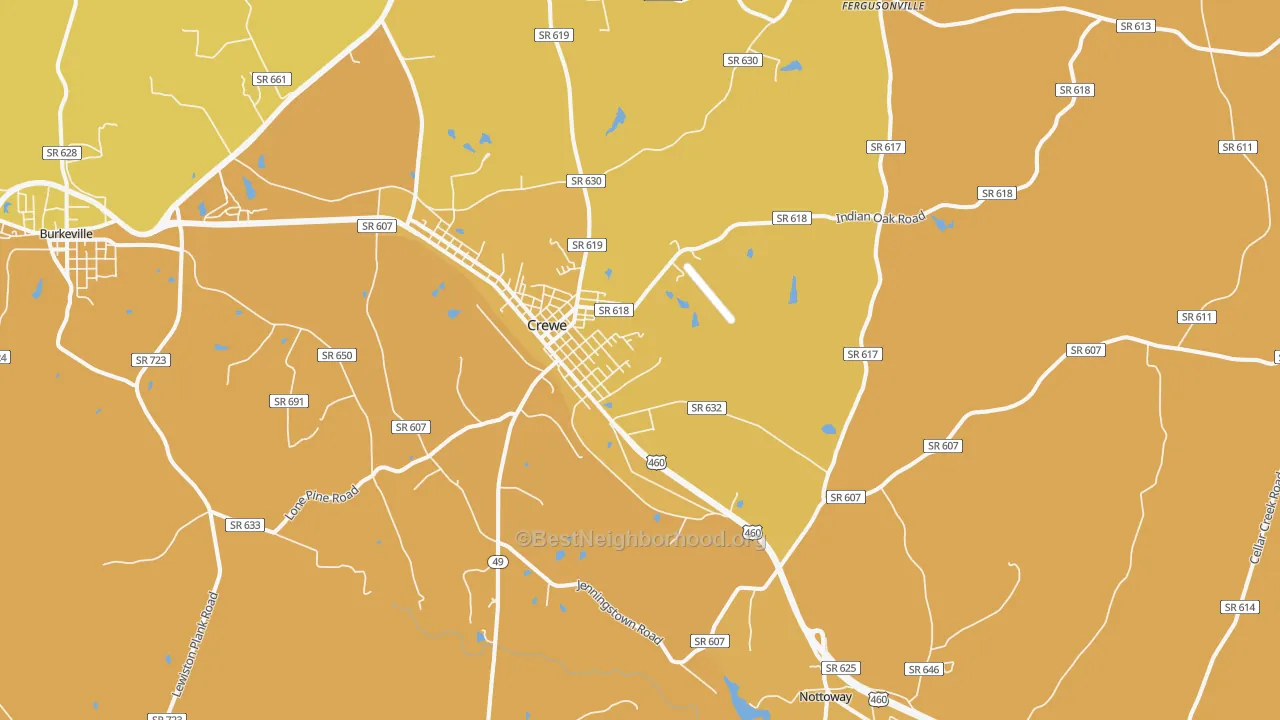 Map of the best neighborhoods in the 23930 area, with better matches in green and worse matches in red