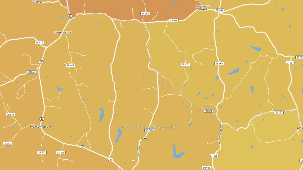 Map of the best neighborhoods in the 23934 area, with better matches in green and worse matches in red