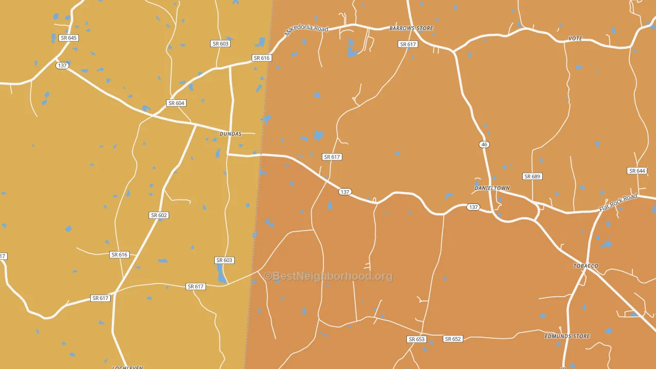 Map of the best neighborhoods in the 23938 area, with better matches in green and worse matches in red