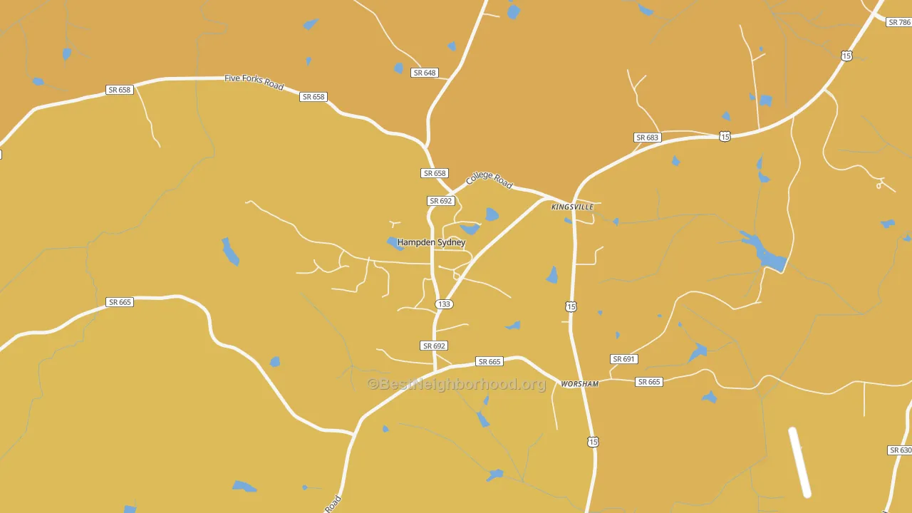Map of the best neighborhoods in the 23943 area, with better matches in green and worse matches in red