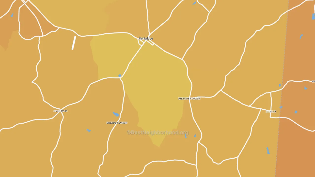 Map of the best neighborhoods in the 23944 area, with better matches in green and worse matches in red