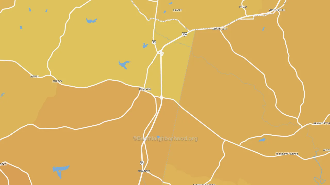 Map of the best neighborhoods in the 23947 area, with better matches in green and worse matches in red