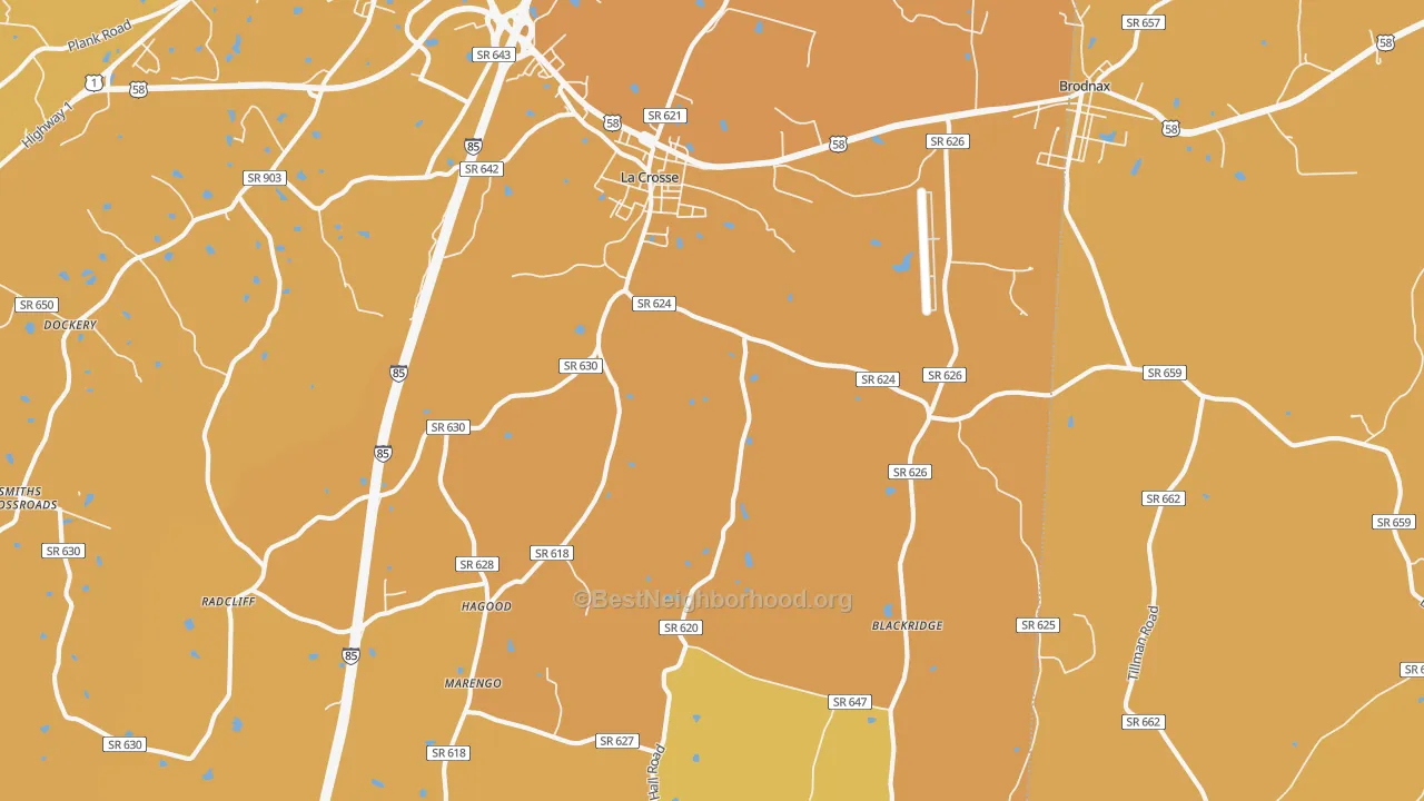 Map of the best neighborhoods in the 23950 area, with better matches in green and worse matches in red