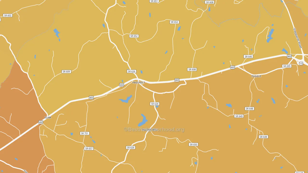 Map of the best neighborhoods in the 23960 area, with better matches in green and worse matches in red