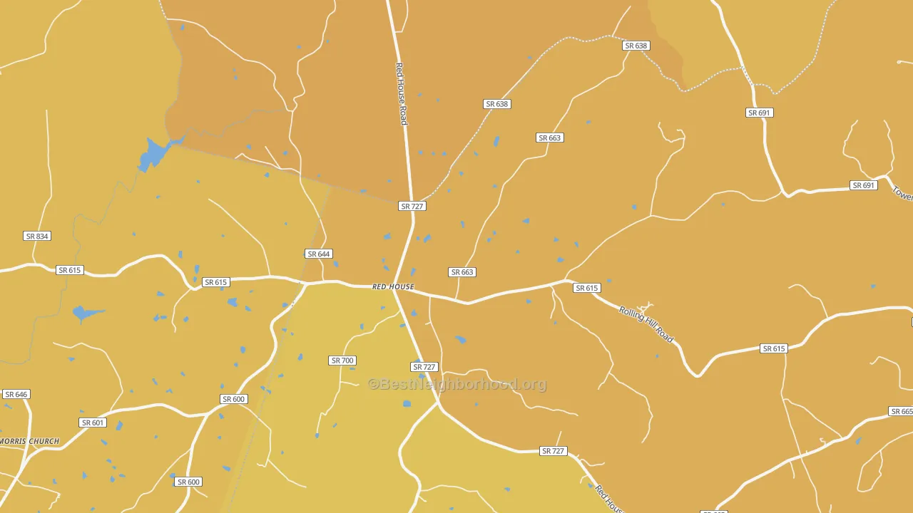 Map of the best neighborhoods in the 23963 area, with better matches in green and worse matches in red